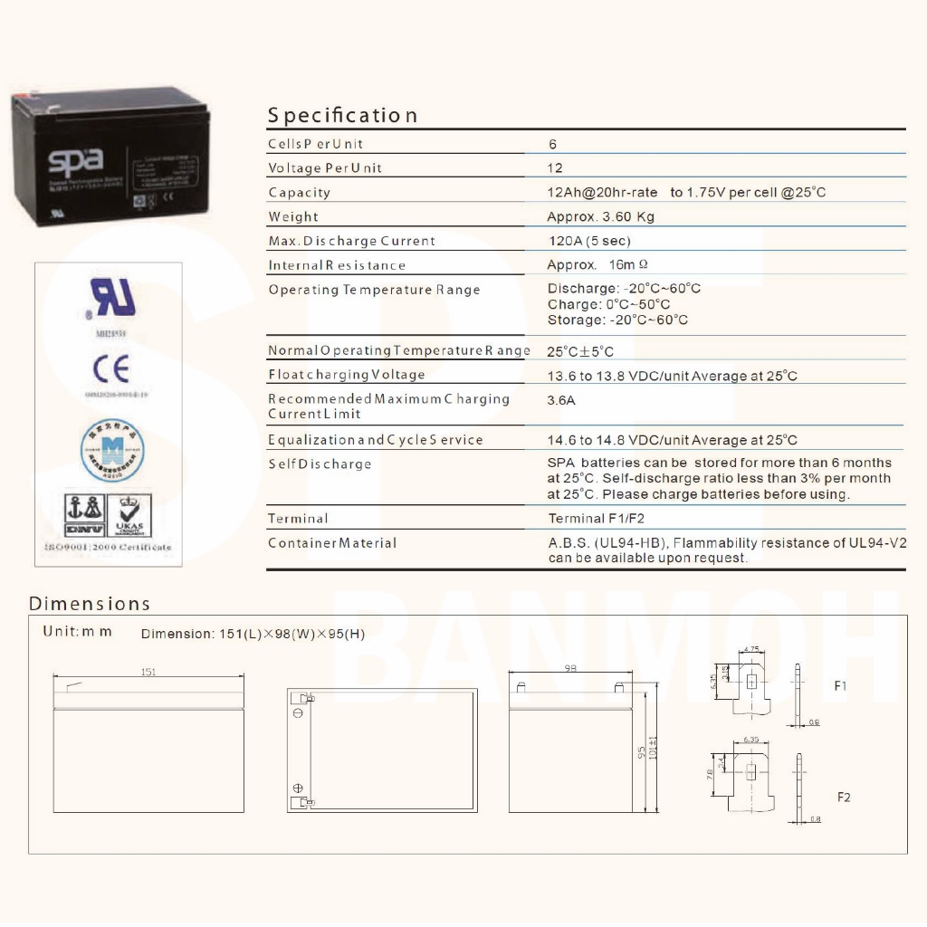 แบตเตอรี่ สำรองไฟ SPA | 99-01-0222 | SL12-12(12V12A) | SPA Battery | แบต UPS/ไฟฉุกเฉิน/ระบบเตือนภัย