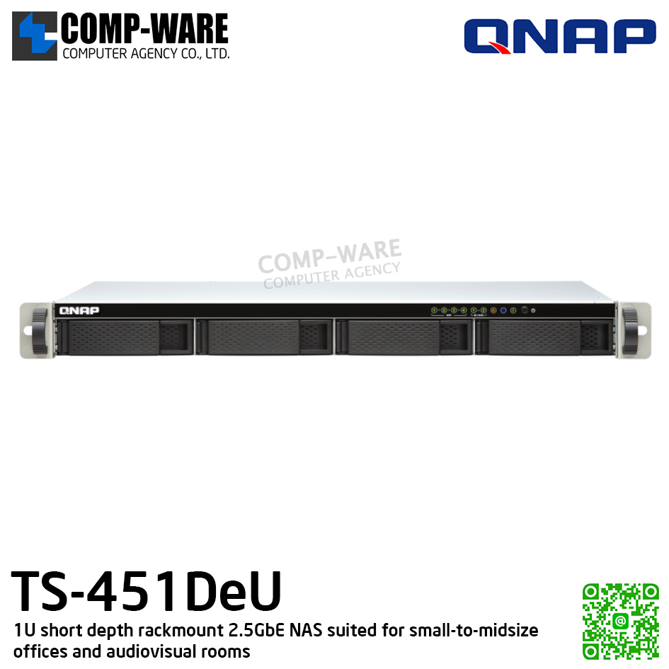 QNAP (1U 4-Bay) TS-451DeU-2G / Intel Celeron J4025 (2Core) / 2GB DDR4 SODIMM / 4 x 2.5"/3.5" SATA 6Gbps / 2 x 2.5GbE / Single PSU / 3Y Warranty / No HDD / No Rail Kit
