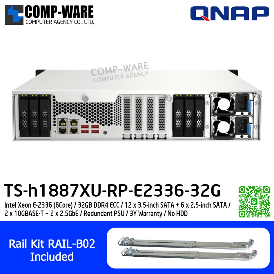 QNAP (2U 18-Bay) TS-h1887XU-RP-E2336-32G / Intel Xeon E-2336 (6Core) / 32GB DDR4 ECC / 12 x 3.5-inch SATA + 6 x 2.5-inch SATA / 2 x 10GBASE-T + 2 x 2.5GbE / Redundant PSU / 3Y Warranty / No HDD / Rail Kit RAIL-B02