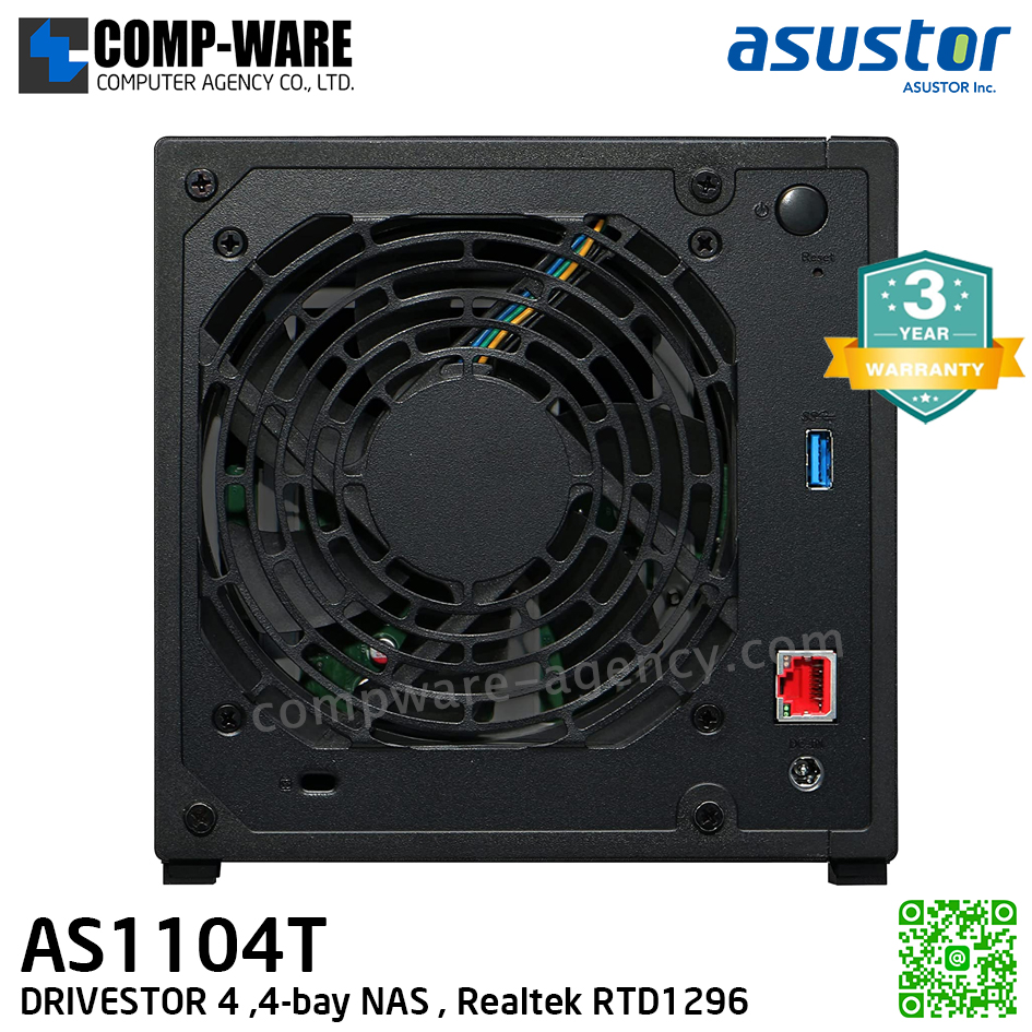 Asustor (4-Bay) AS1104T Realtek RTD1296, Quad-Core 1.4GHz, RAM 1GB, 2.5GbE x1, USB3.2 Gen1 x2,, 3Years Warranty , No HDD