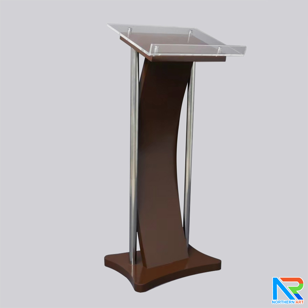 โพเดียมไม้ สีโอ๊ค ขนาด (W) 41 x (L) 50 x (H) 120 cm. พร้อมเสาสแตนเลสคู่ TOP เอียง อะคริลิคใส ติดหมุด