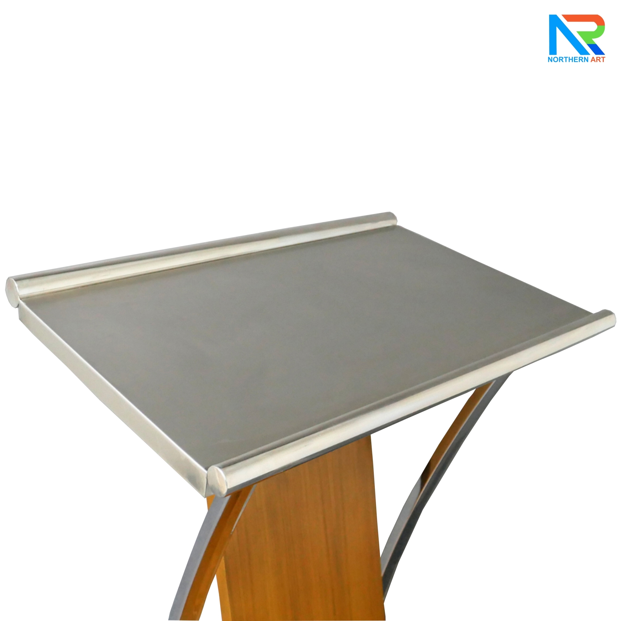 โพเดียมไม้ ยืนคู่ สีสัก ขนาด (W) 90x (L) 59 x (H) 120 cm.Topและฐาน หุ้มสแตนเลสเกรด304