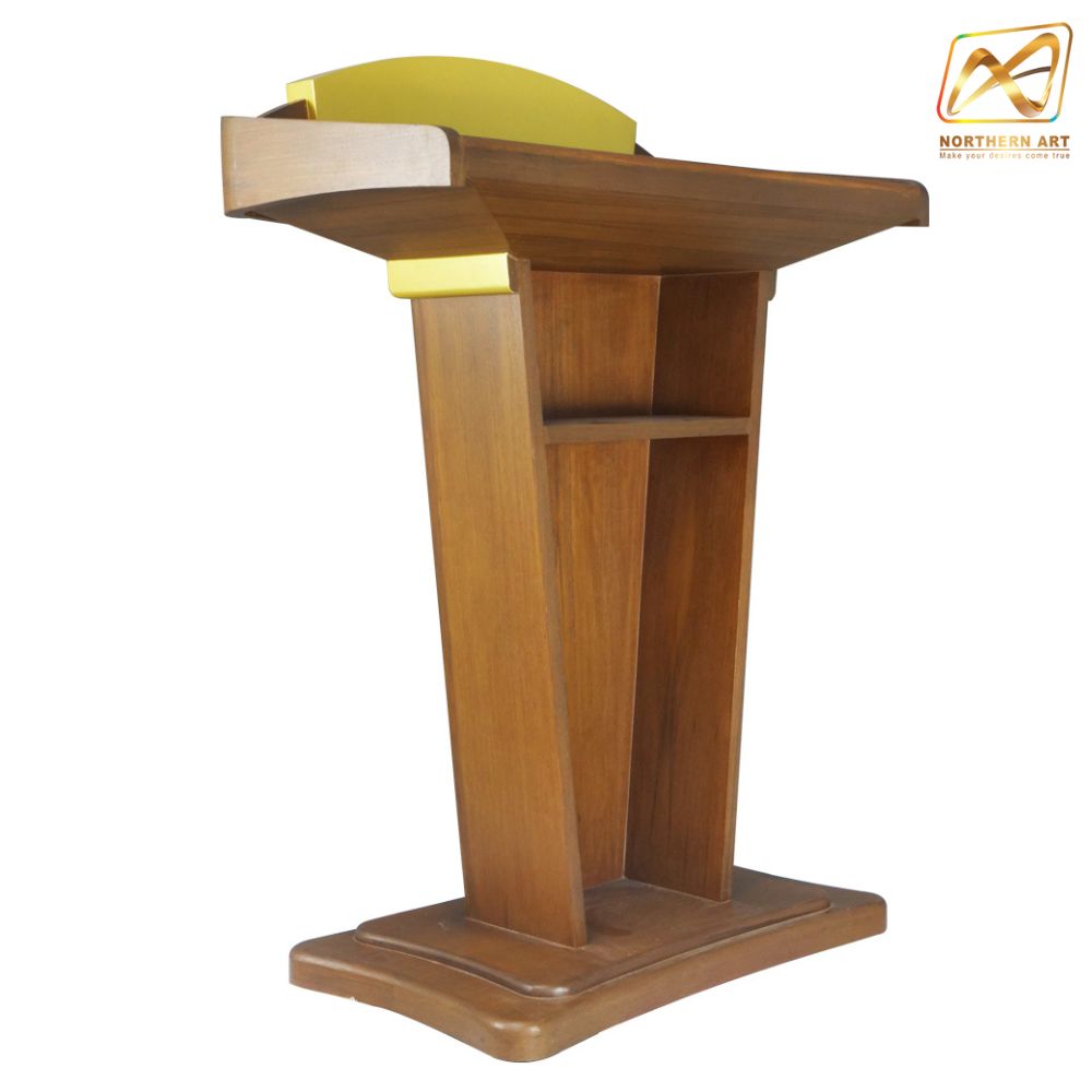 โพเดียมลายไม้สีสักและสีทอง รุ่น PD-07 ขนาดTOP 90 x 47 ซม.สูง 120 ซม. พร้อมชั้นวางของ