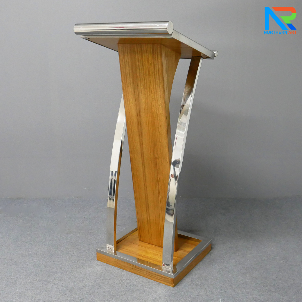 โพเดียมไม้จริง สีสัก PD-01 ขนาด (W)48 x (L)51 x (H)120 cm Top หุ้มสแตนเลส เกรด 304 แข็งแรงทนทาน พร้อมจัดส่งทั่วไทย