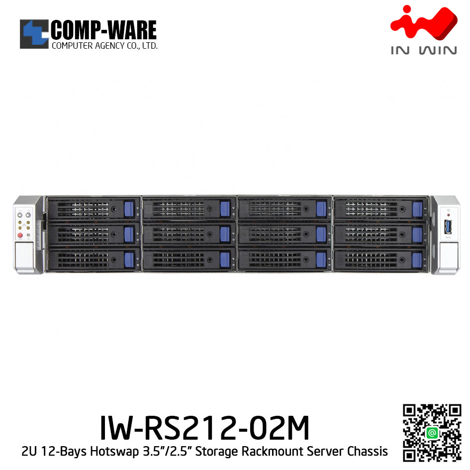 In Win Rackmount Server Chassis IW-RS212-02M 2U 12-Bays, 500W fixed supply, slide rail Bezel