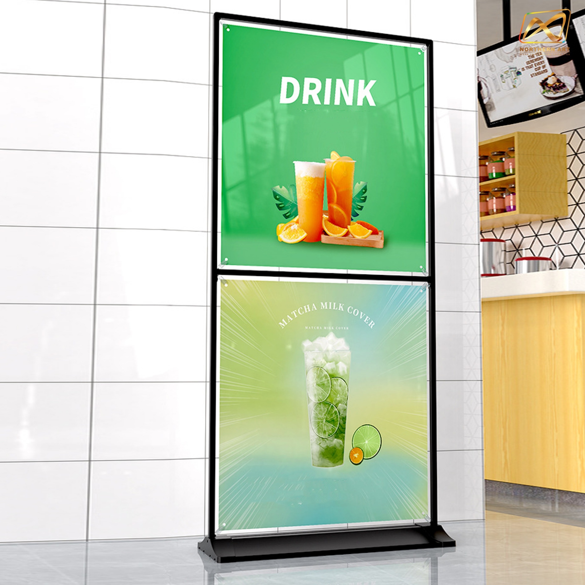 ป้ายตั้งพื้น รุ่นแขวน แบบ 2 เฟรม ฐานพลาสติกขึ้นรูป ขนาด 100x200 ซม. โครงเหล็กสีดำพร้อมขอแขวน 4 มุม ถอดประกอบได้ เคลื่อนย้ายสะดวก