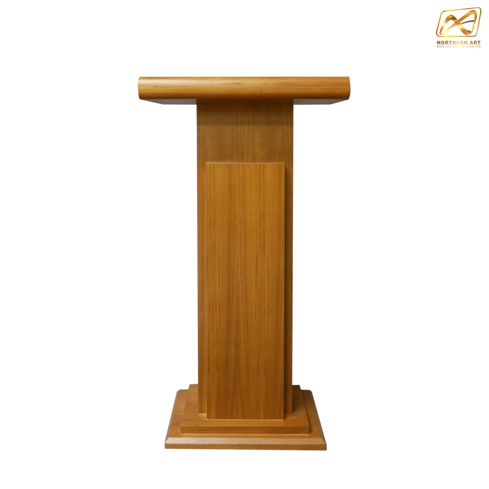 โพเดียมไม้ สีสัก ทรงโมเดิร์น TOPตรง ขนาด (W)55 x (L)42 x (H)109 cm. พร้อมชั้นวางของ