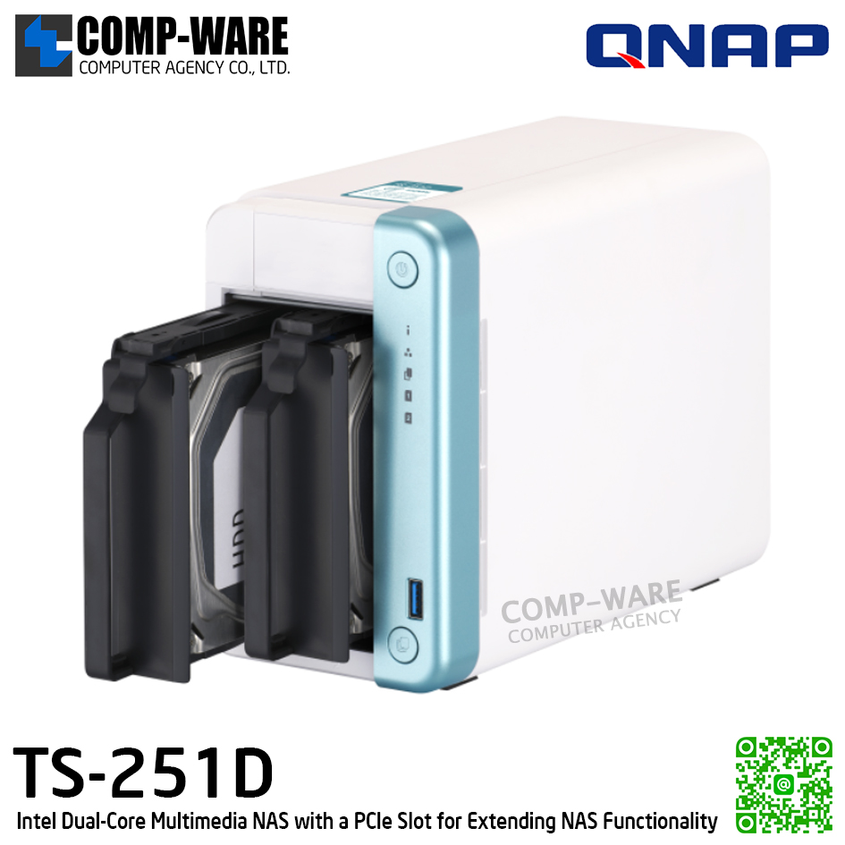 QNAP (Tower 2-Bay) TS-251D-2G / Intel Celeron J4025 (2Core) / 2GB DDR4 SODIMM / 2 x 2.5" & 3.5" SATA 6Gb/s / 1 x GbE / Adapter Power / 2Y Warranty / No HDD