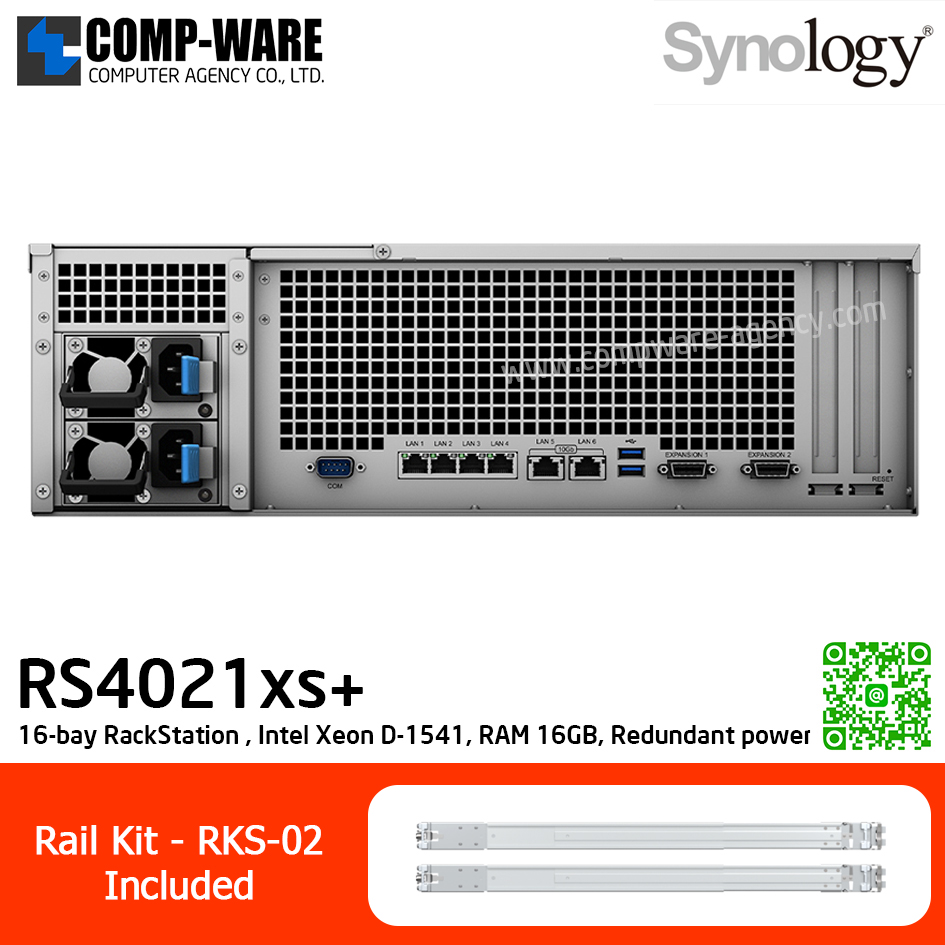 Synology RackStation (4U 16-Bay) RS4021xs+ (16GB ECC RAM up to 64GB) Intel Xeon D-1541 8-Core w/Rail Kit RKS-02, No HDD