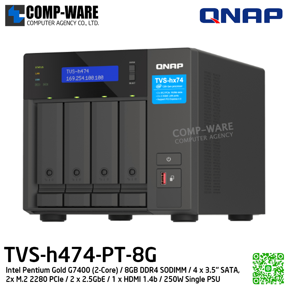 QNAP (Tower 4-Bay) TVS-h474-PT-8G / Intel Pentium Gold G7400 (2-Core) / 8GB DDR4 SODIMM / 4 x 3.5" SATA, 2x M.2 2280 PCIe / 2 x 2.5GbE / 1 x HDMI 1.4b / 250W Single PSU / 2Y Warranty / No HDD