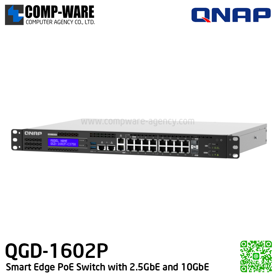 QNAP QGD-1602P-C3558-8G Smart Edge PoE Switch with 2.5GbE and 10GbE Capability for the Wi-Fi 6 & SD-WAN Generation (รับประกัน 2 ปี)