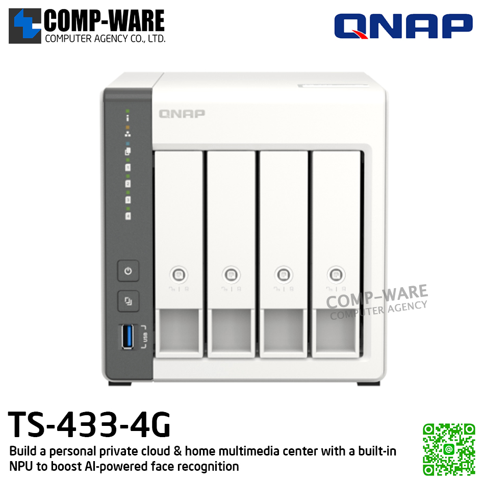 QNAP (Tower 4-Bay) TS-433-4G / ARM 4-core Cortex-A55 / 4GB on board / 4 x 3.5-inch SATA 6Gb/s / 1 x RJ45 ,1 x 2.5GbE / Adapter Power / 2Y Warranty / No HDD