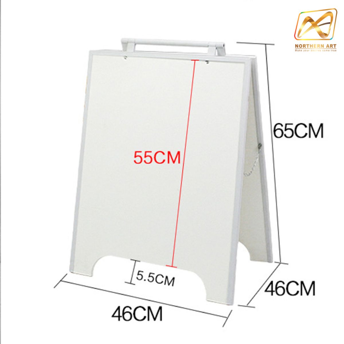 ป้ายตั้งพื้น ป้ายมินิมอล สีขาว 2 หน้า ขนาด 46x60 cm. พับเก็บได้ ขอบเหล็กทำสีหุ้มแผ่นพลาสวูดหนา 10 มม.