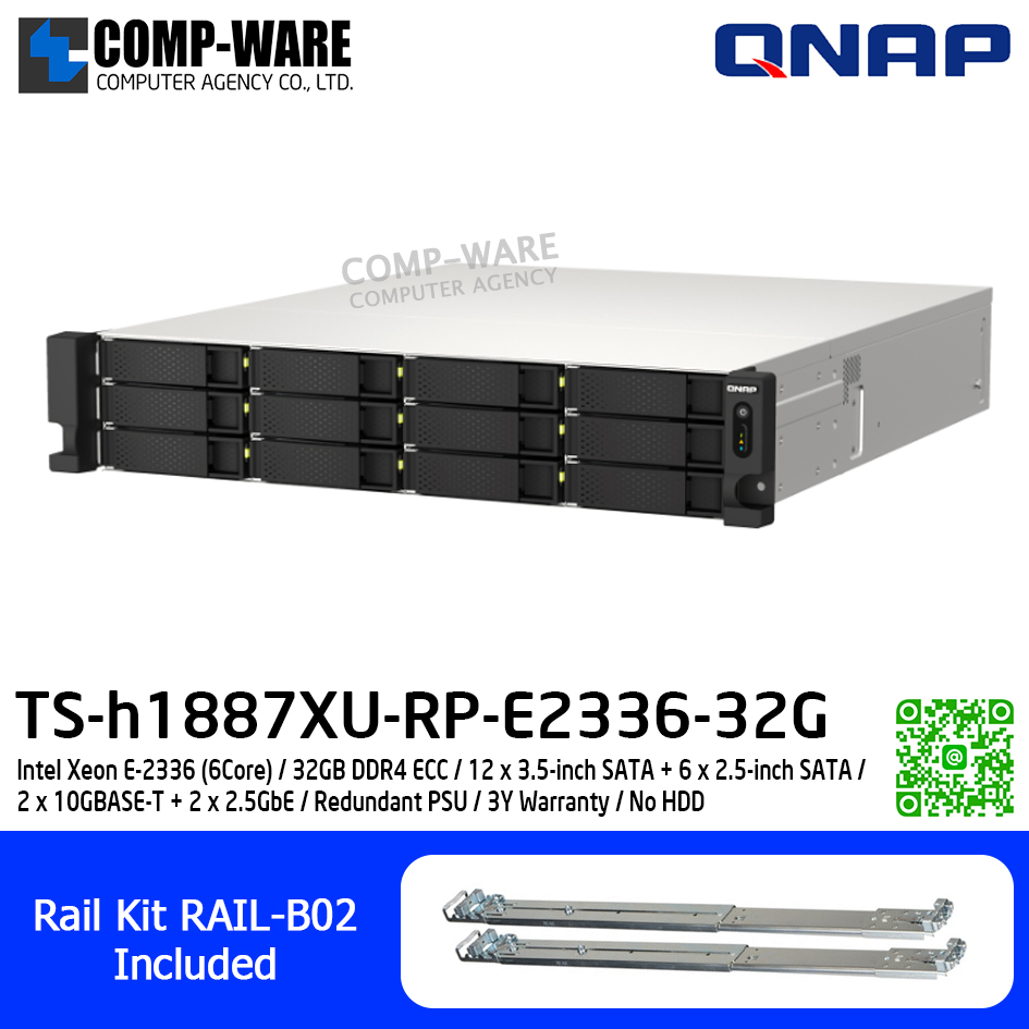 QNAP (2U 18-Bay) TS-h1887XU-RP-E2336-32G / Intel Xeon E-2336 (6Core) / 32GB DDR4 ECC / 12 x 3.5-inch SATA + 6 x 2.5-inch SATA / 2 x 10GBASE-T + 2 x 2.5GbE / Redundant PSU / 3Y Warranty / No HDD / Rail Kit RAIL-B02