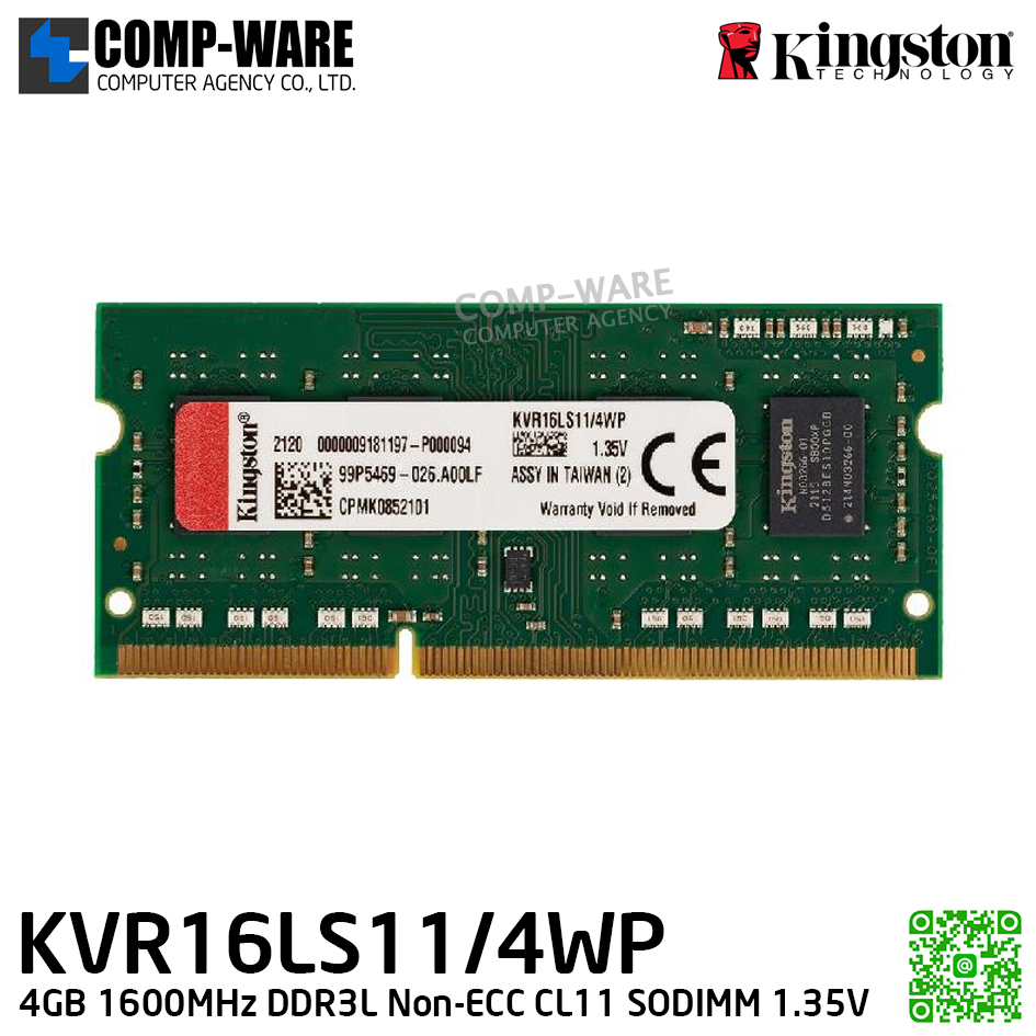Kingston KVR16LS11/4WP 4GB 1600MHz DDR3L Non-ECC CL11 SODIMM 1.35V - Lifetime Warranty - Memory Module - RAM