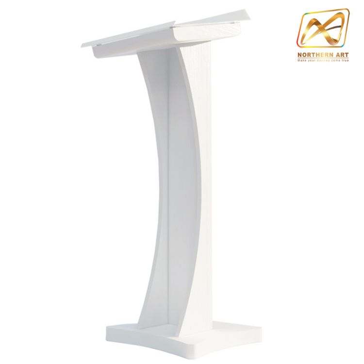 โพเดียมไม้ สีขาว ขนาด (W) 48 x (L) 40 x (H) 120 cm. Top เอียง ปิดทับอะคริลิคใสพร้อมหมุด