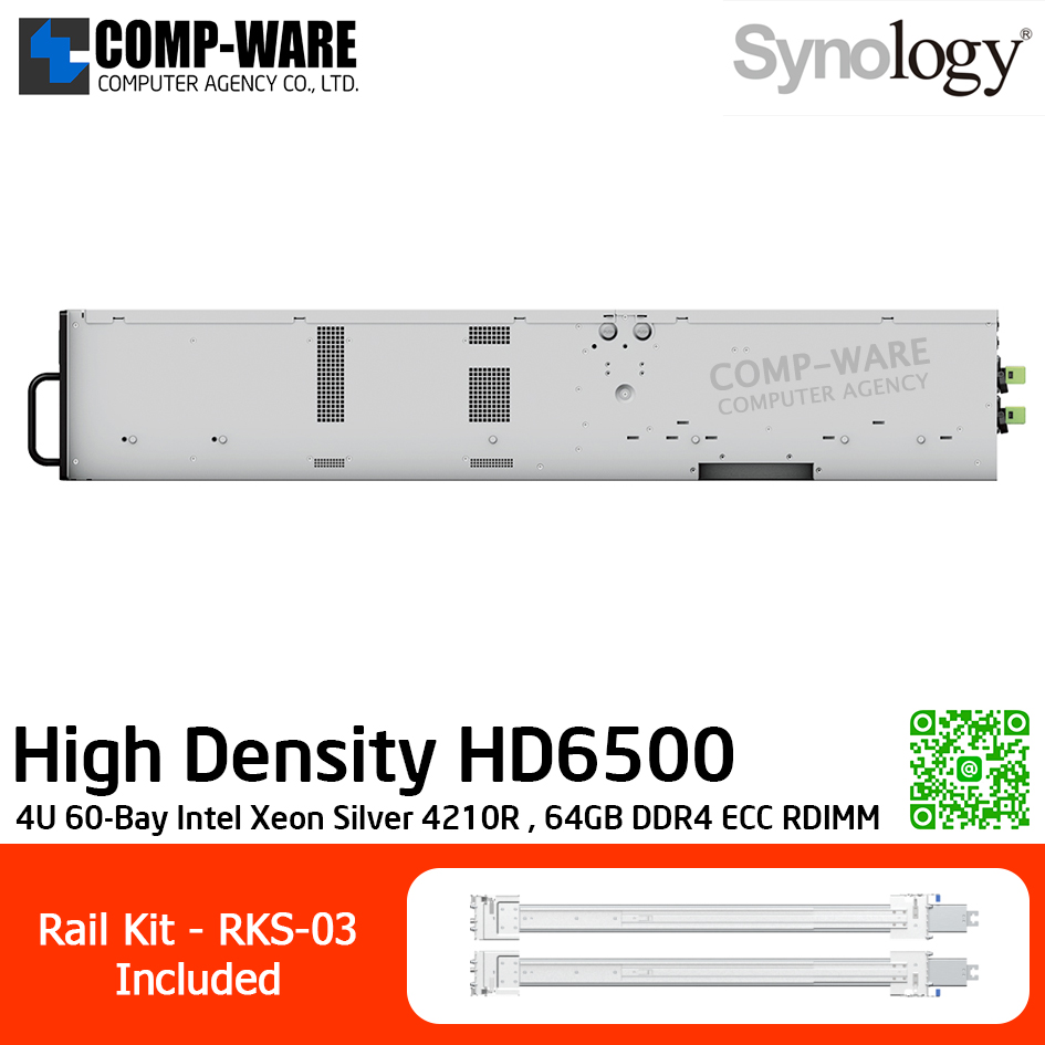Synology High Density (4U 60-Bay) HD6500 / Intel Xeon Silver 4210R / 64GB DDR4 ECC RDIMM / 60 x 3.5" SAS HDD or 2.5" SATA SSD / 2 x RJ-45 1GbE , 2 x RJ-45 10GbE / Redundant PSU / Rail Kit RKS-03 / No HDD / 5Y Warranty