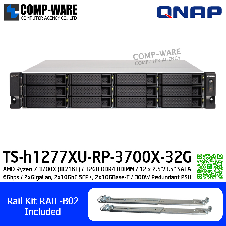 QNAP (2U 12-Bay) TS-h1277XU-RP-3700X-32G / AMD Ryzen 7 3700X (8C/16T) / 32GB (2 x 16GB) DDR4 UDIMM / 12 x 2.5"/3.5" SATA 6Gbps / 2xGigaLan, 2x10GbE SFP+, 2x10GBase-T / 300W Redundant PSU / 3Y Warranty / No HDD / Rail kit RAIL-B02
