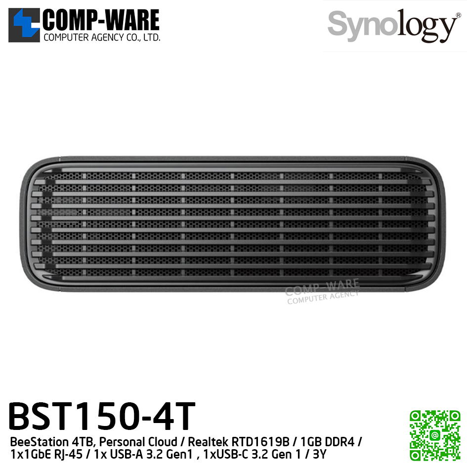 Synology BeeStation 4TB, Personal Cloud / Realtek RTD1619B / 1GB DDR4 / 1x1GbE RJ-45 / 1x USB-A 3.2 Gen1 , 1xUSB-C 3.2 Gen 1 / 3Y Warranty / BST150-4T