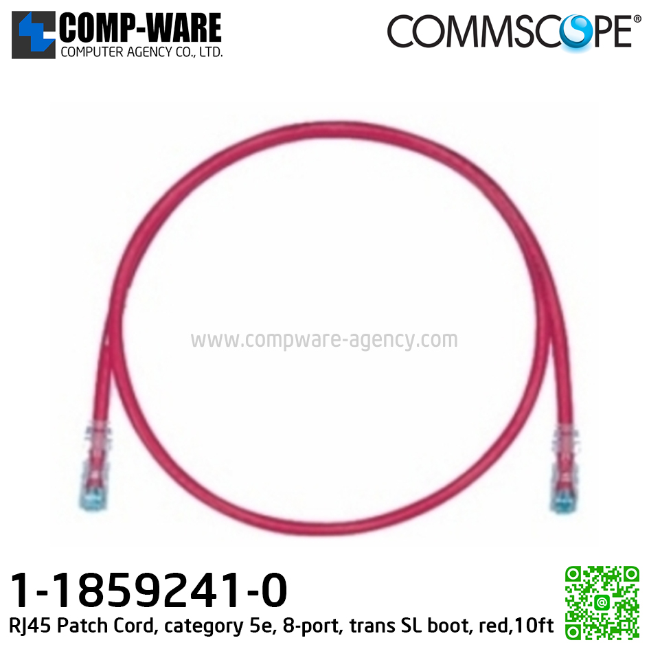 CommScope RJ45 Patch Cord, category 5e (CAT5e), 8-port, trans SL boot, 10ft 3.05m Red (P/N:1-1859241-0)