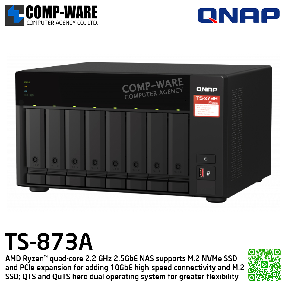 QNAP (Tower 8-Bay) TS-873A-8G / AMD Ryzen V1500B (4C/8T) / 8GB DDR4 / 8x 2.5"/3.5" SATA 6Gbps, 2x M.2 2280 NVMe PCIe Gen3 x1 / 2 x 2.5GbE / 250W Single PSU / 3Y Warranty / No HDD