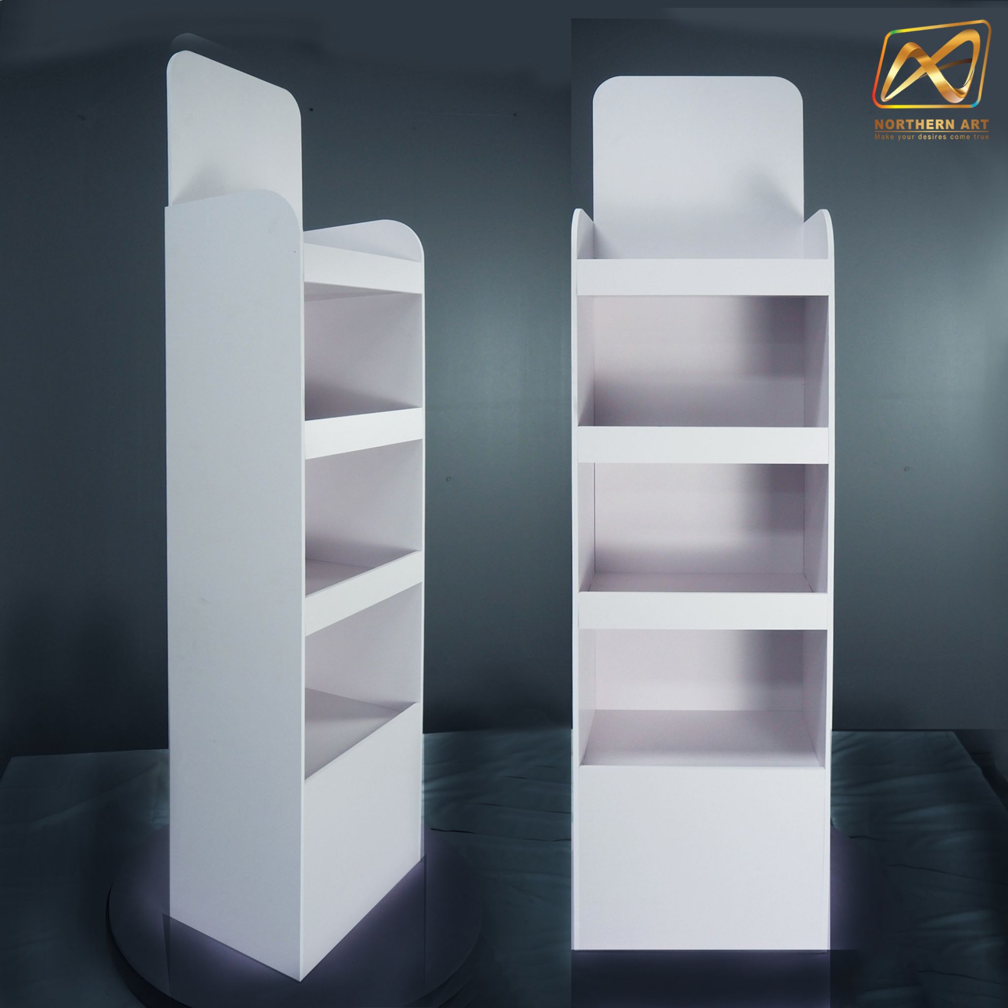 ชั้นวางสินค้าพลาสวูด 4 ชั้น ขนาด (W)36.5 x (D)25 x (H)145 ซม. พลาสวูดหนา 8 มม.พร้อมงานพิมพ์สติ๊กเกอร์