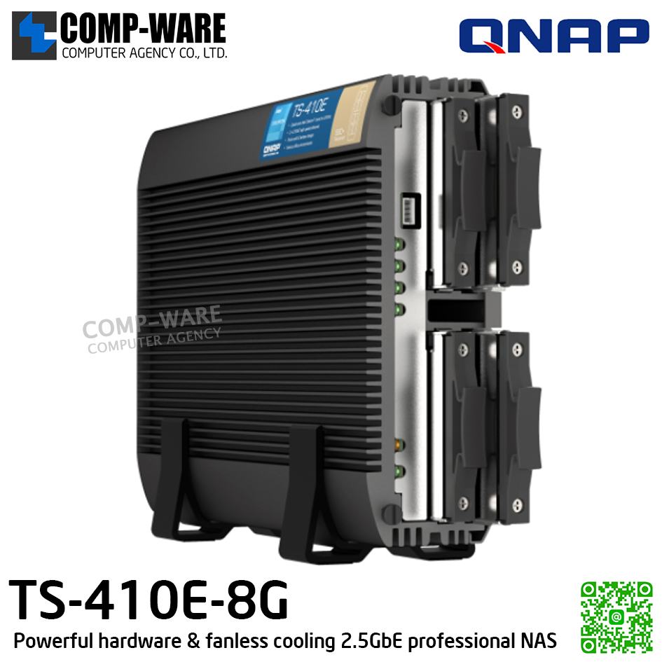 QNAP (Tower 4-Bay 2.5in) TS-410E-8G / Intel Celeron J6412 / 8GB on board / 4 x 2.5-inch SATA 6Gb/s / 2 x 2.5GbE / 1 x HDMI 1.4b / Adapter Power / 3Y Warranty / No HDD