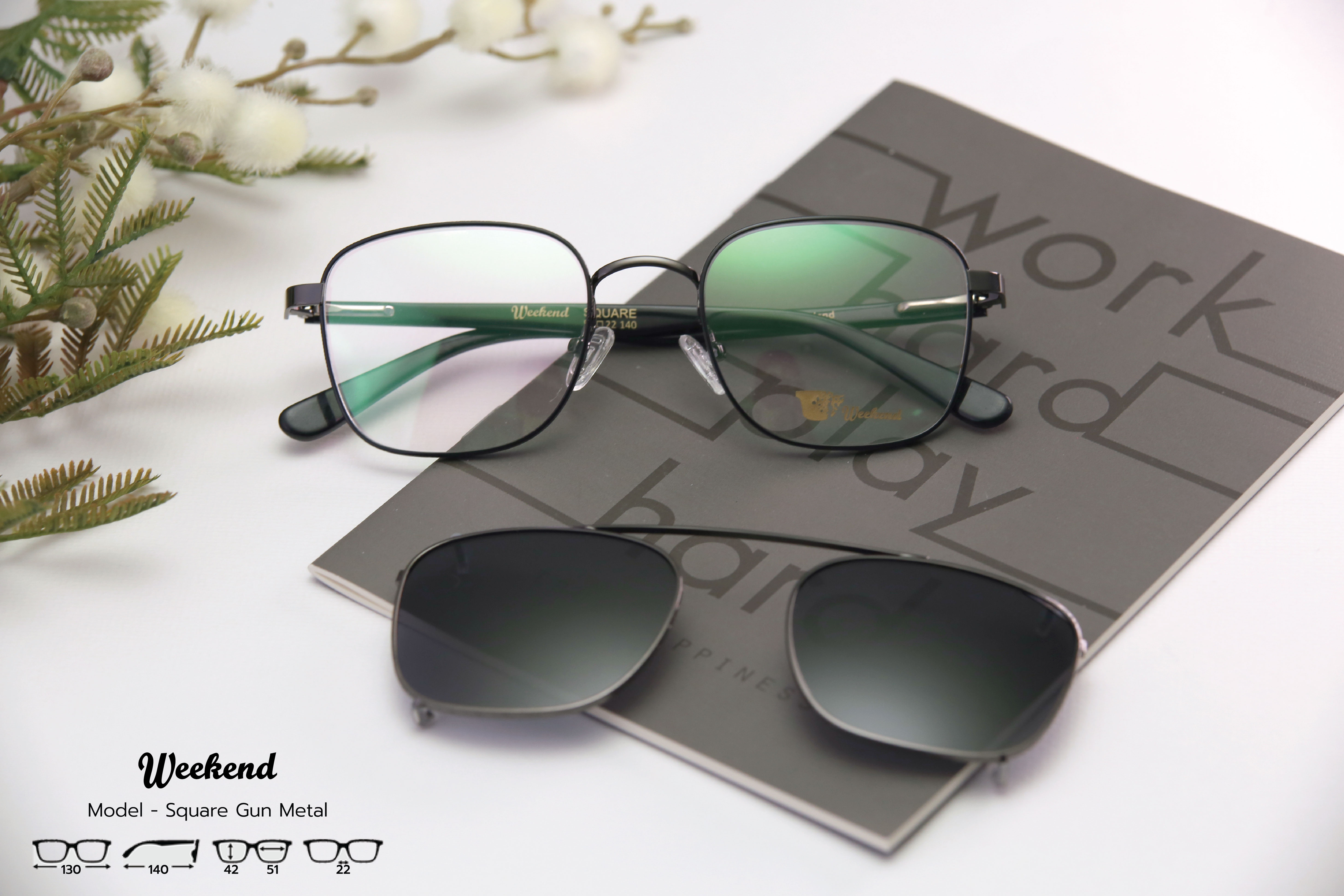 กรอบแว่นสายตาพร้อมคลิปกันแดด Weekend Square Gunmetal