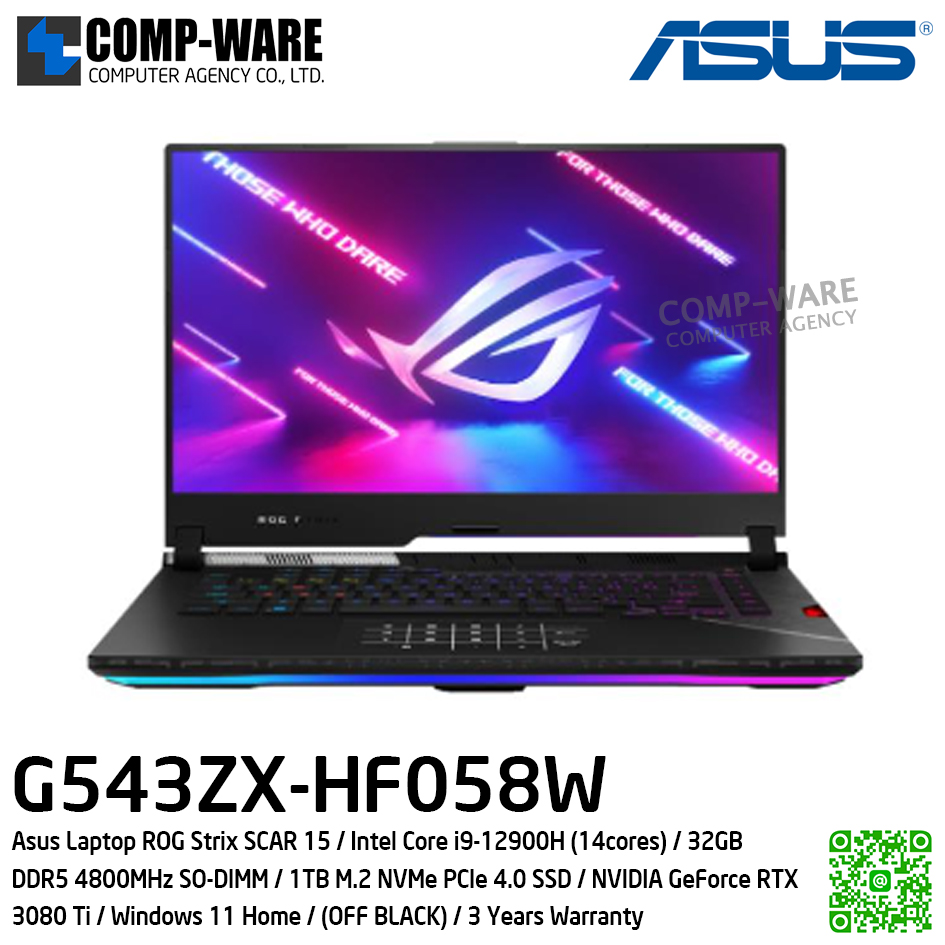 Asus Laptop G543ZX-HF058W ROG Strix SCAR 15 / Intel Core i9-12900H (14cores) / 32GB DDR5 4800MHz SO-DIMM / 1TB M.2 NVMe PCIe 4.0 SSD / NVIDIA GeForce RTX 3080 Ti / Windows 11 Home / (OFF BLACK) / 3 Years OSS + 1 year Perfect warranty