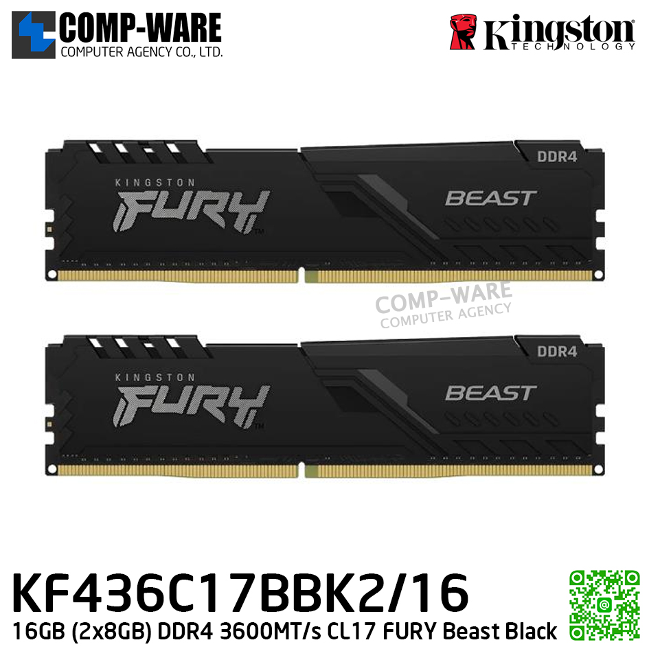 Kingston KF436C17BBK2/16 16GB (2x8GB) DDR4 3600MT/s CL17 FURY Beast Black - Lifetime Warranty - Memory Module - RAM