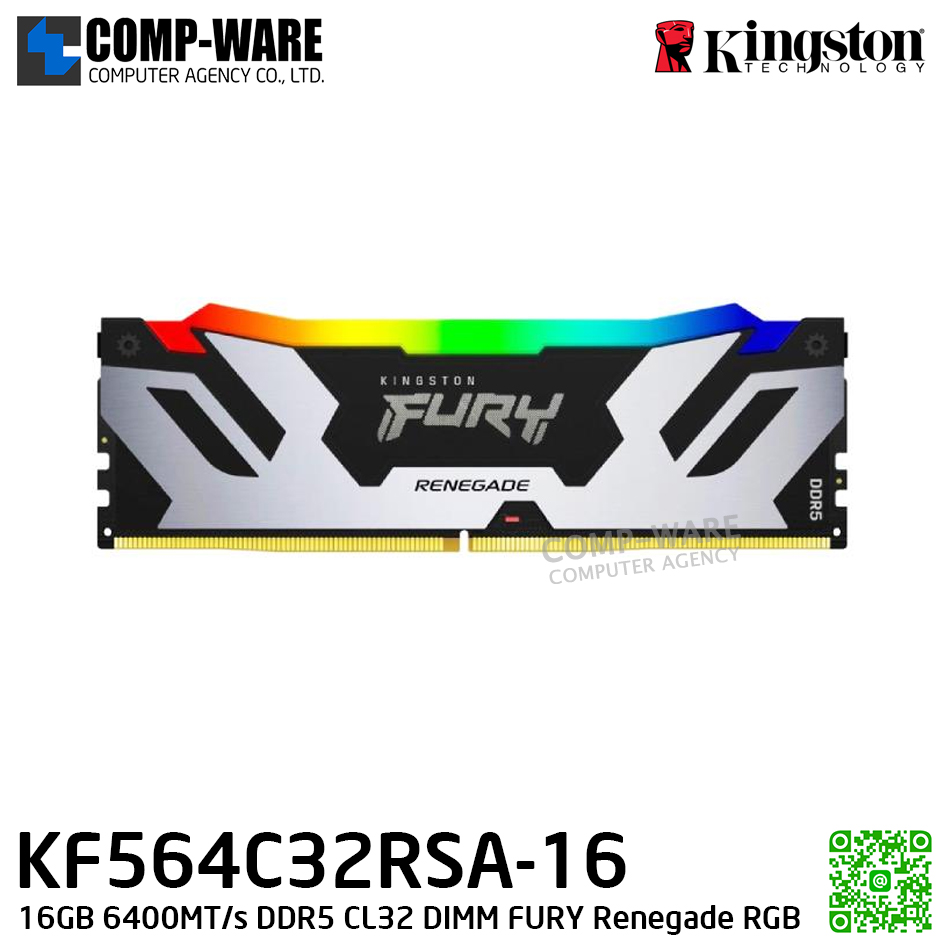 Kingston KF564C32RSA-16 16GB 6400MT/s DDR5 CL32 DIMM FURY Renegade RGB - Lifetime Warranty - Memory Module - RAM