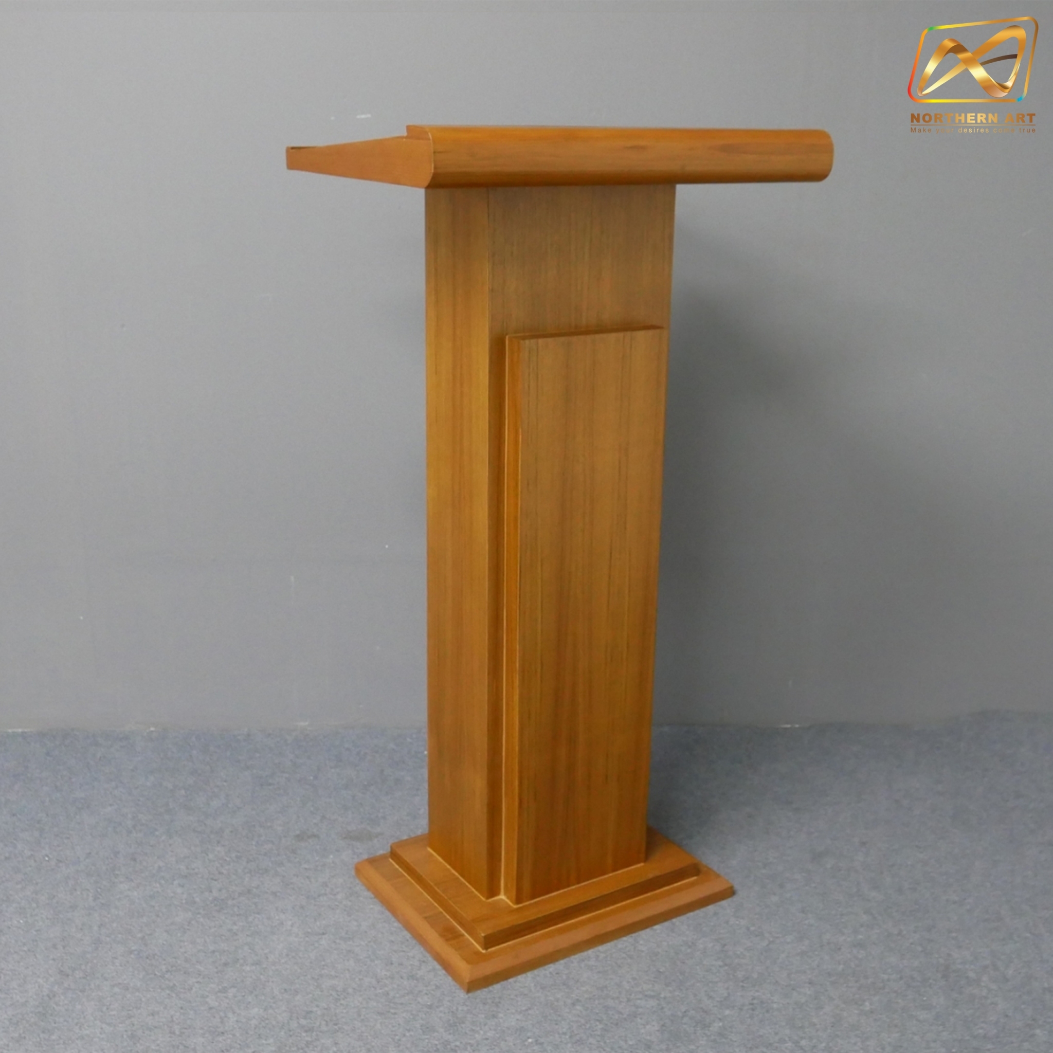 โพเดียมไม้ สีสัก ทรงโมเดิร์น TOPตรง ขนาด (W)55 x (L)42 x (H)109 cm. พร้อมชั้นวางของ