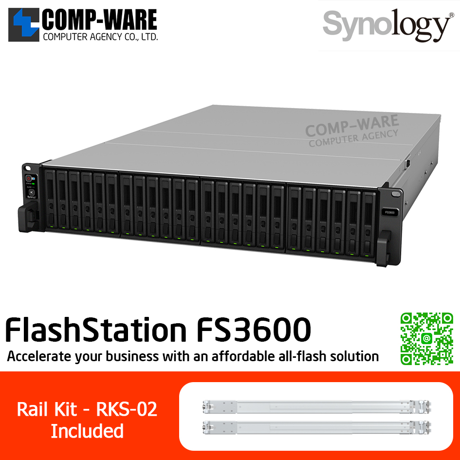 Synology FlashStation (2U 24-Bay 2.5'' SAS/SATA All-flash storage) FS3600 / Intel Xeon D-1567 / 16GB DDR4 RDIMM (Max. 128GB) / 4x1GbE Base T, 2x10GbE Base T / Redundant Power / Rail kit RKS-02 / No HDD / 5Y Warranty