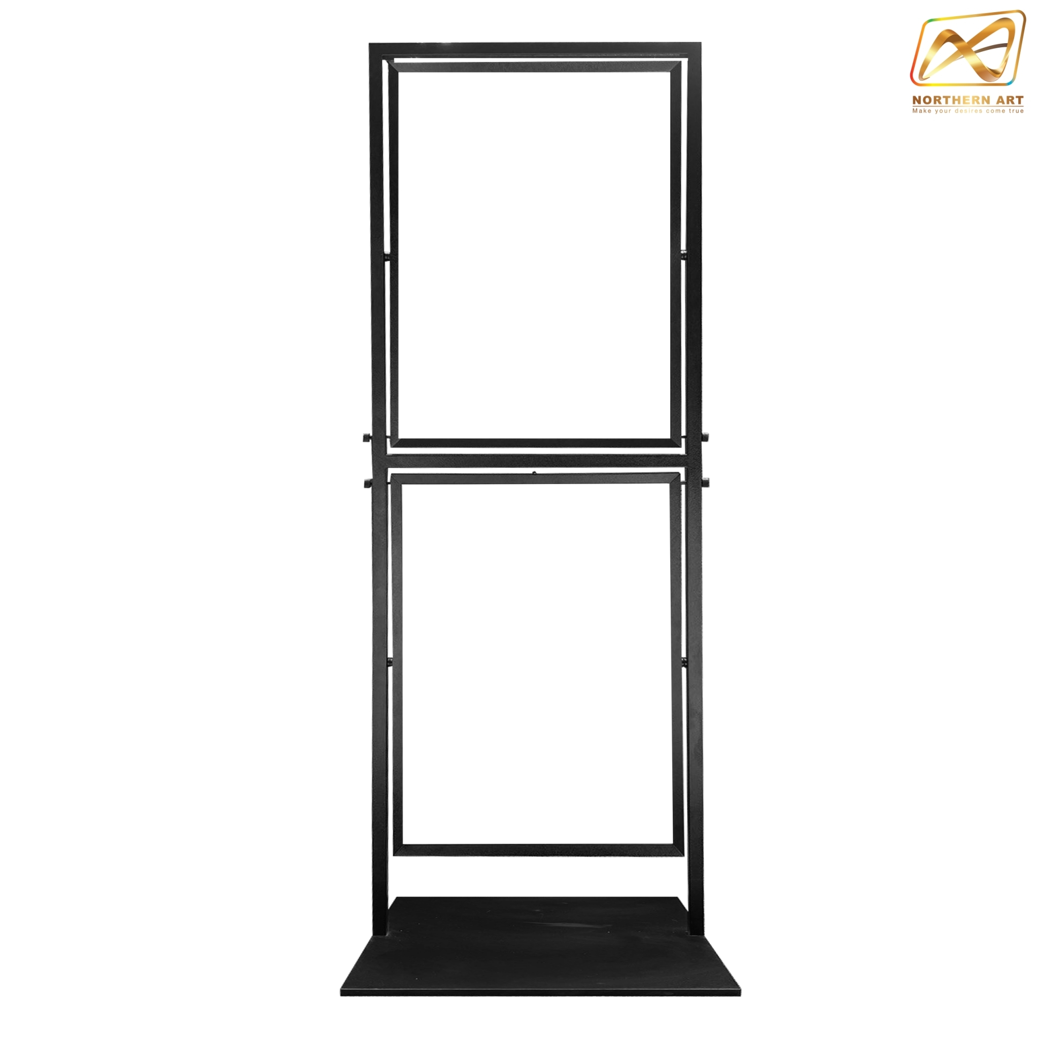 ป้ายตั้งพื้นเหล็ก สีดำ รุ่น 2 เฟรม หมุนได้ 360 องศา ขนาด 50×70 ซม. พร้อมอะคริลิคใสหนา 2 มม. 2 แผ่น สอดงานพิมพ์ทางด้านบน โชว์ภาพ 2 ด้าน
