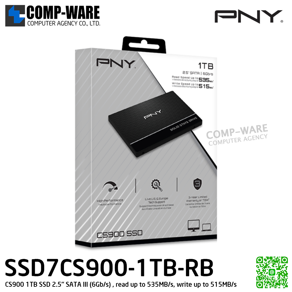 PNY CS900 1TB SSD 2.5" SATA III (6Gb/s) , read up to 535MB/s, write up to 515MB/s , SSD7CS900-1TB-RB / 3Y Warranty / Internal SSD
