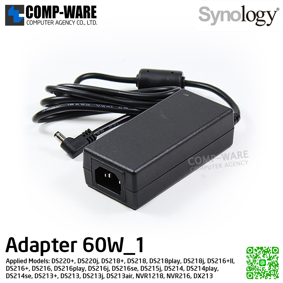 SPARE PART - Synology Adapter 60W_1 for DS224+, DS223, DS223j, DS220+, DS220j, DS218+, DS218, DS218play, DS218j, DS216+II, DS216+, DS216, DS216play, DS216j, DS216se, DS215j, DS214, DS214play, DS214se, DS213+, DS213, DS213j, DS213air, NVR1218, NVR216, DVA1