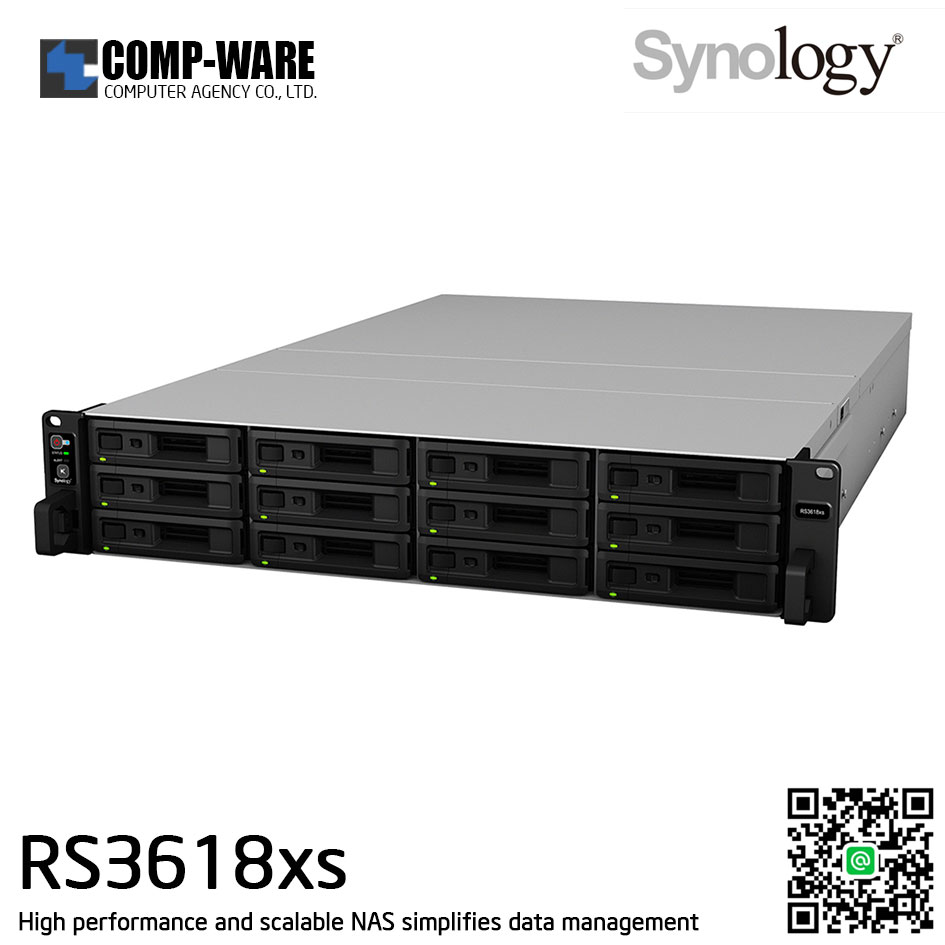 Synology RackStation (2U 12-Bay) RS3618xs / Intel Xeon D-1521 Quad-Core / 8GB ECC RAM (Max.64GB) / 4x1GbE Base T / Rail Kit RKS-02 / 5Y Warranty / No HDD