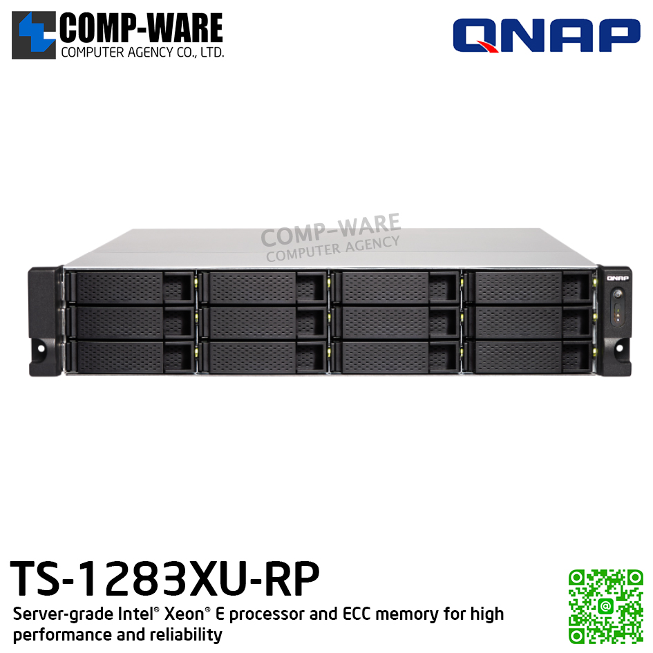 QNAP (2U 12-Bay) TS-1283XU-RP-E2124-8G / Intel Xeon E-2124 (8Core) / 8GB UDIMM DDR4 ECC (2 x 4GB) / 12 x 2.5"/3.5" SATA 6Gbps / 4 x GigaLan, 2 x 10GbE SFP+ SmartNIC / 300W Redundant PSU / 3Y Warranty , No HDD , No Rail Kit
