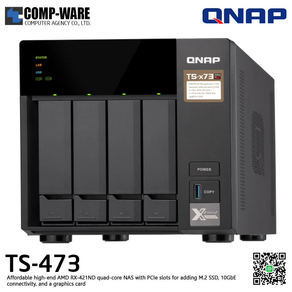 QNAP NAS (4-Bay) TS-473 (8GB RAM up to 64GB) AMD R series RX-421ND M.2 Dual-Slot Support ,No HDD