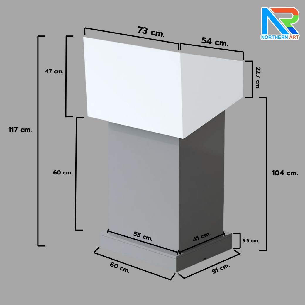 โพเดียมไม้MDF ทูโทน สีขาว และสีเทา ขนาด (W)73 x (L)54 x (H)117 cm. พร้อมชั้นวาง