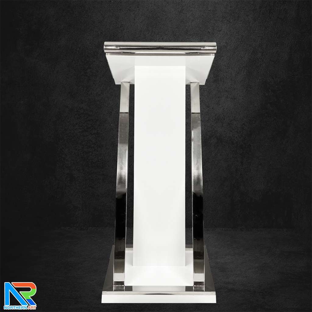 โพเดียมไม้จริง สีขาว PD-01 ขนาด (W) 48x (L) 51 (H) 120 cm Top หุ้มสแตนเลส เกรด 304 พร้อมตกแต่งเสาโค้งสแตนเลส