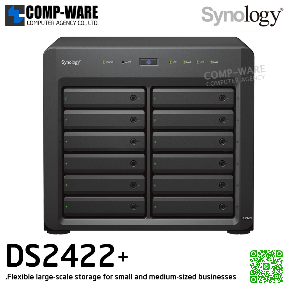 Synology DiskStation (Tower 12-Bay) DS2422+ / AMD Ryzen V1500B 4-Core / 4GB ECC RAM / 12 x 3.5" SATA HDD / 4 x RJ-45 1GbE / Single Power 550W / No HDD / 3Y Warranty