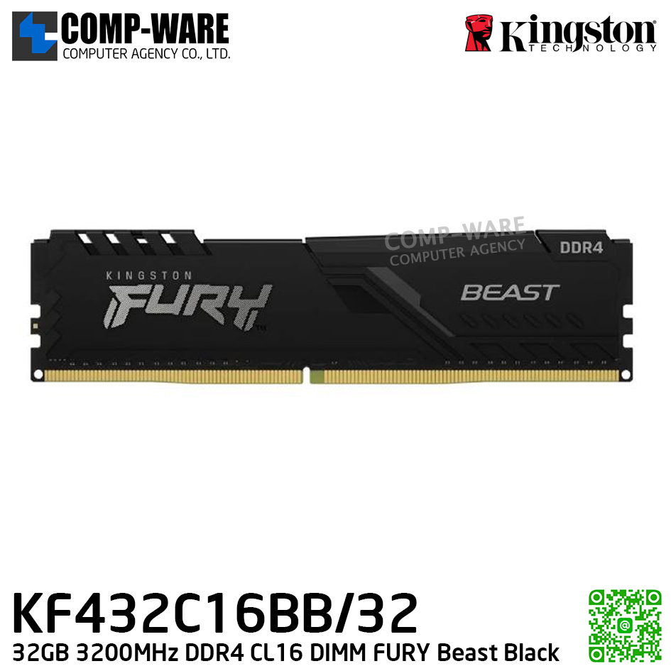 Kingston KF432C16BB/32 32GB 3200MHz DDR4 CL16 DIMM FURY Beast Black - Lifetime Warranty - Memory Module - RAM