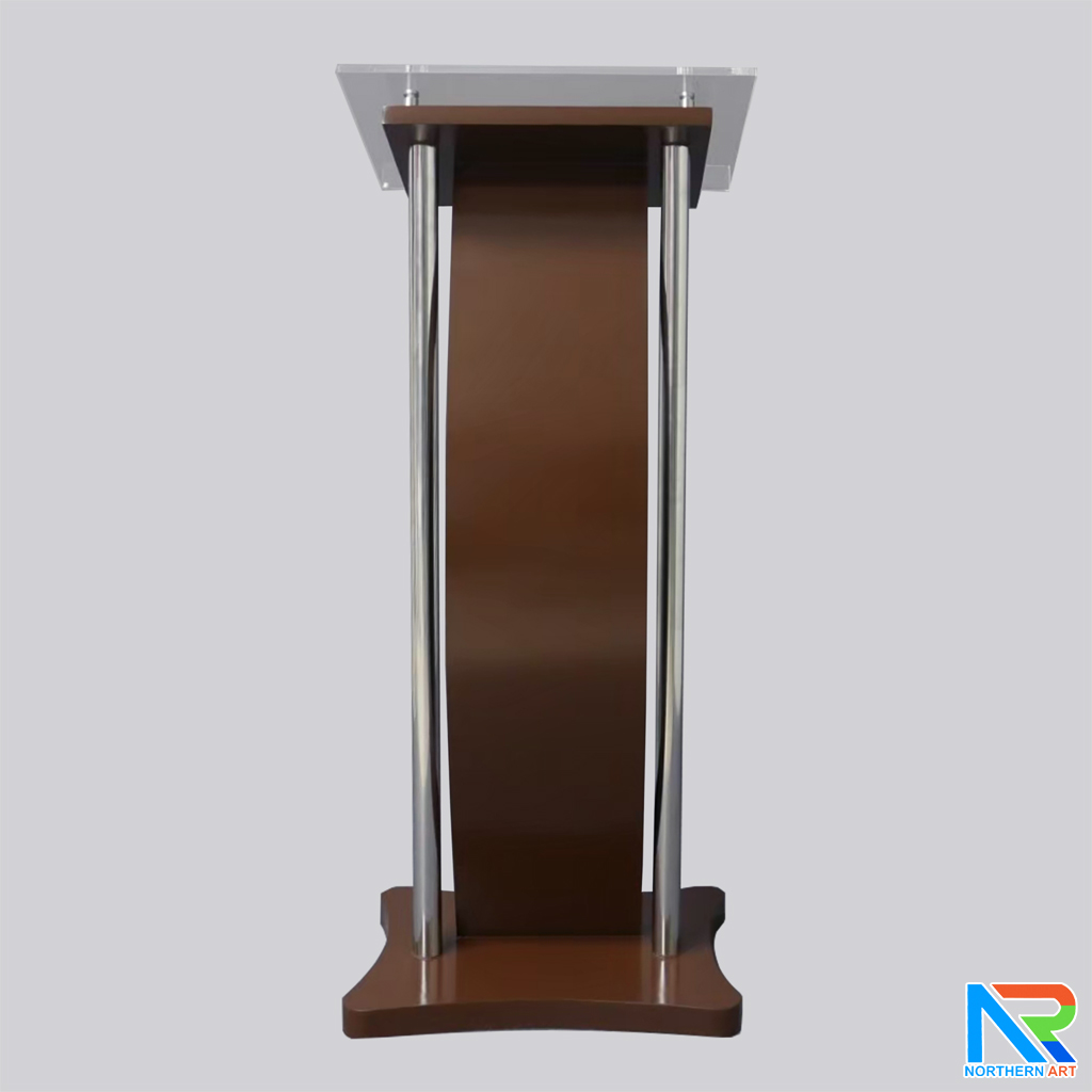 โพเดียมไม้ สีโอ๊ค ขนาด (W) 41 x (L) 50 x (H) 120 cm. พร้อมเสาสแตนเลสคู่ TOP เอียง อะคริลิคใส ติดหมุด