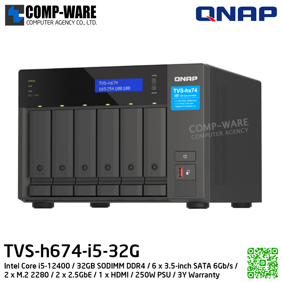 QNAP (Tower 6-Bay) TVS-h674-i5-32G / Intel Core i5-12400 / 32GB SODIMM DDR4 / 6 x 3.5-inch SATA 6Gb/s / 2 x M.2 2280 / 2 x 2.5GbE / 1 x HDMI / 250W PSU / 3Y Warranty / No HDD