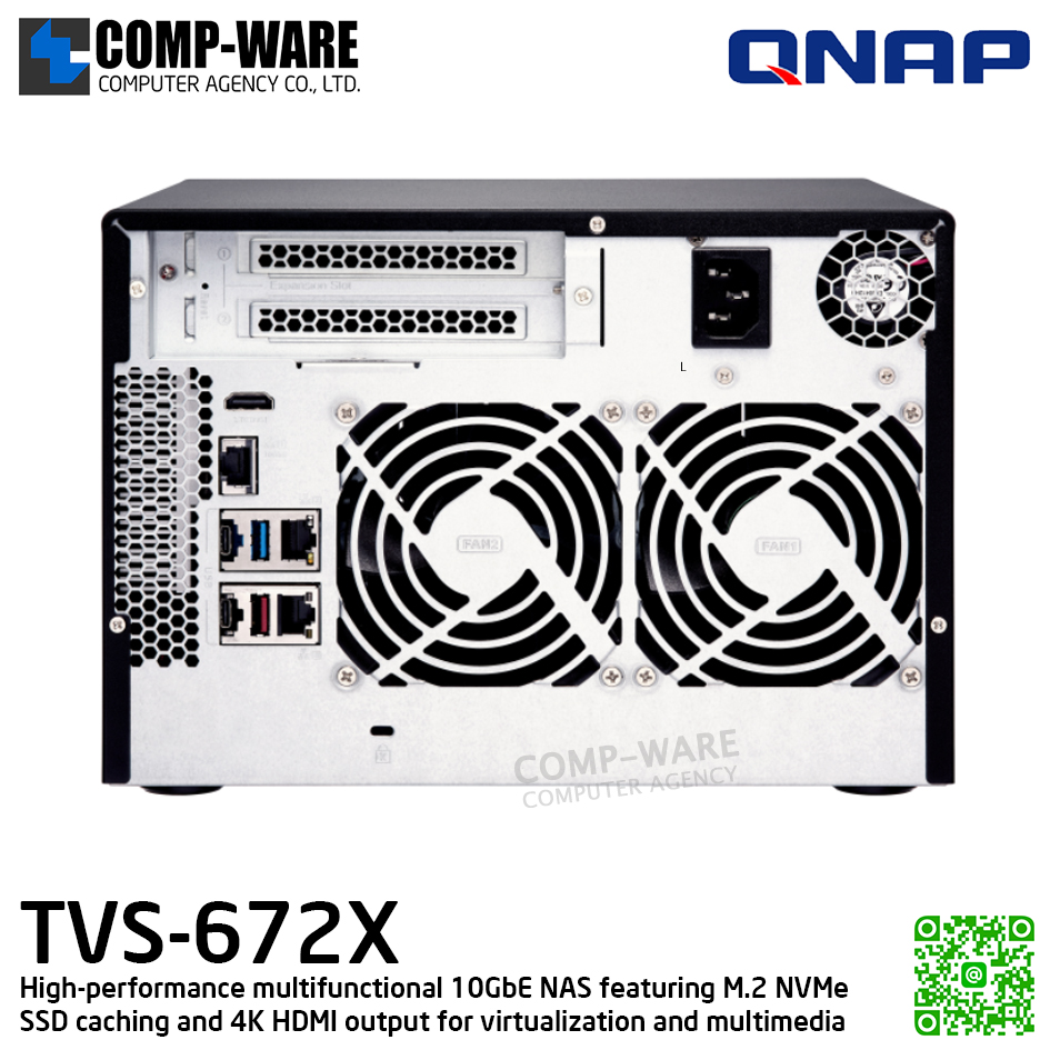 QNAP (Tower 6-Bay) TVS-672X-i3-8G / Intel Core i3-8100T (6Core) / 8GB (1x 8GB) DDR4 SODIMM / 6x 2.5"/3.5" SATA, 2x M.2 2280 PCIe Gen3 x2 / 2xGigaLan, 1 x 10GBASE-T Multi-Gig / 250W Single PSU / 2Y Warranty / No HDD
