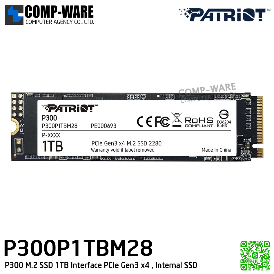PATRIOT P300 M.2 SSD 1TB Interface PCIe Gen3 x4 / Read: 2,100 MB/s Write: 1,650MB/s / Gen3 M.2 / 3Y Warranty - P300P1TBM28