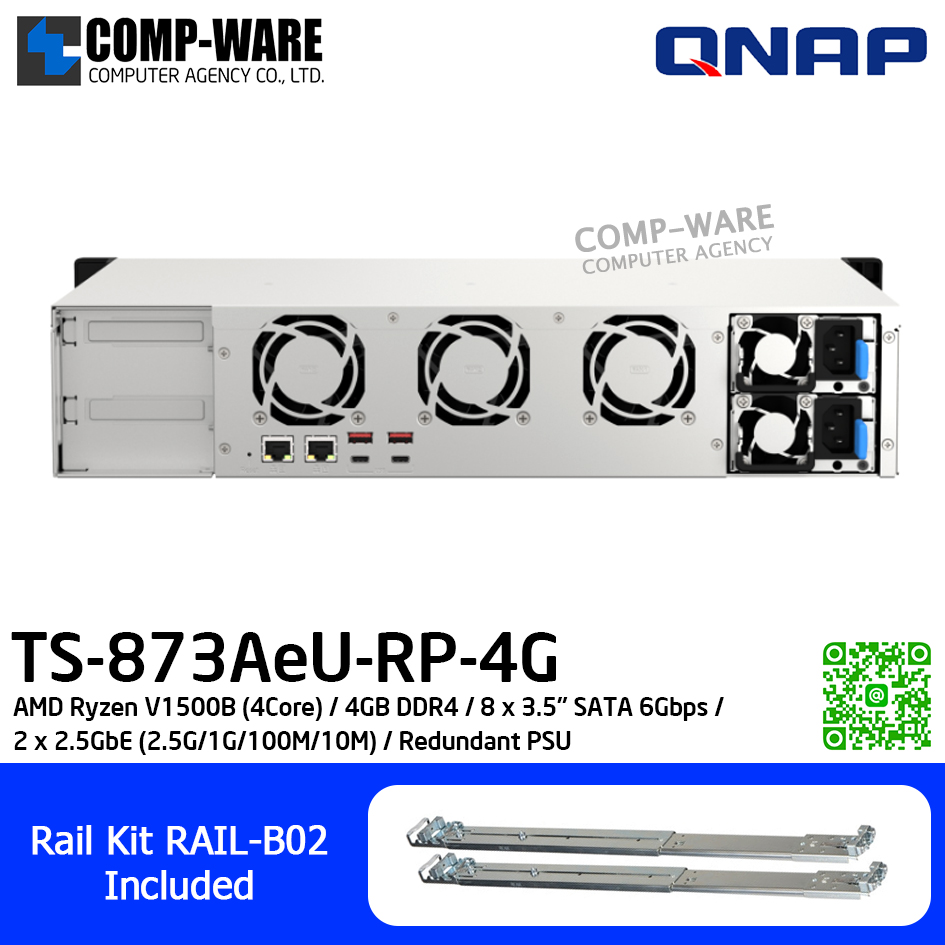 QNAP (2U 8-Bay) TS-873AeU-RP-4G / AMD Ryzen V1500B (4Core) / 4GB DDR4 / 8 x 3.5" SATA 6Gbps / 2 x 2.5GbE (2.5G/1G/100M/10M) / Redundant PSU / 3Y Warranty / No HDD / Rail Kit RAIL-B02