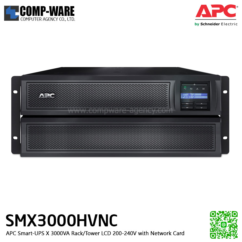 APC SMX Series Smart-UPS X 3000VA Short Depth Tower/Rack Convertible,LCD ,200-240V , with Network card, รองรับbattery pack สูงสุด 10 pack APC-SMX3000HVNC
