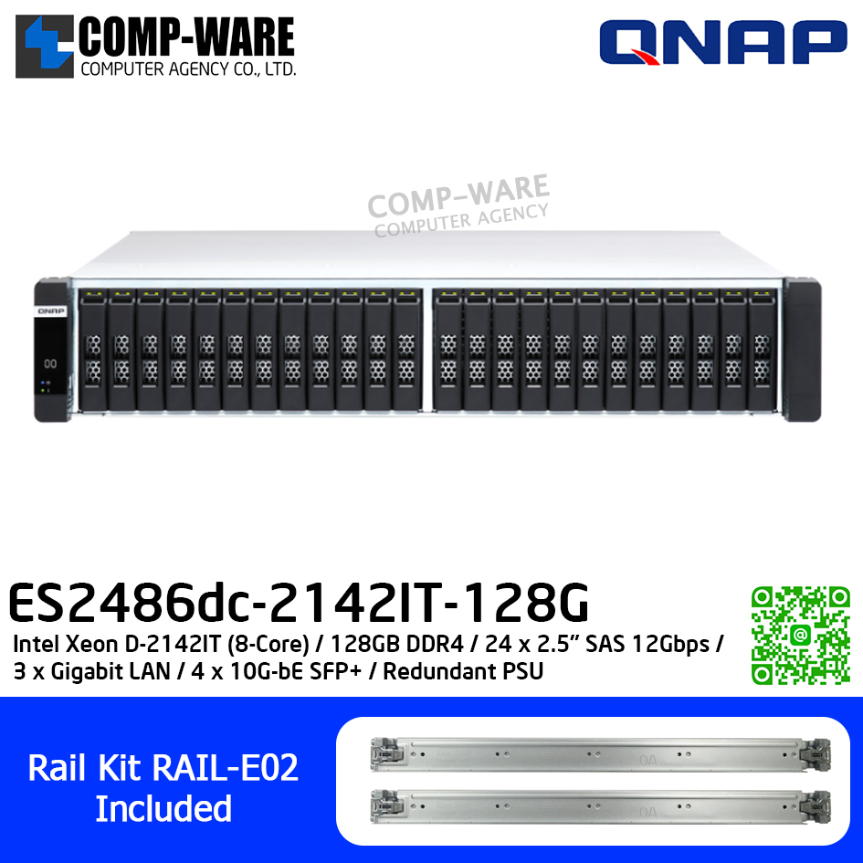 QNAP (2U 24-Bay) ES2486dc-2142IT-128G / Intel Xeon D-2142IT (8-Core) / 128GB DDR4 / 24 x 2.5" SAS 12Gbps / 3 x Gigabit LAN / 4 x 10G-bE SFP+ / Redundant PSU / 5Y Warranty / No HDD / Rail Kit RAIL-E02